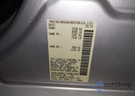 2020 Nissan Altima Sv Intelligent Awd z USA, uszkodzony, nr VIN 1N4BL4DW0LC168106